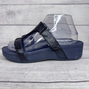 Vionic Ellie Navy Blue Snakeskin Wedge Sandals Womens 7 Orthotic Support TVW5489